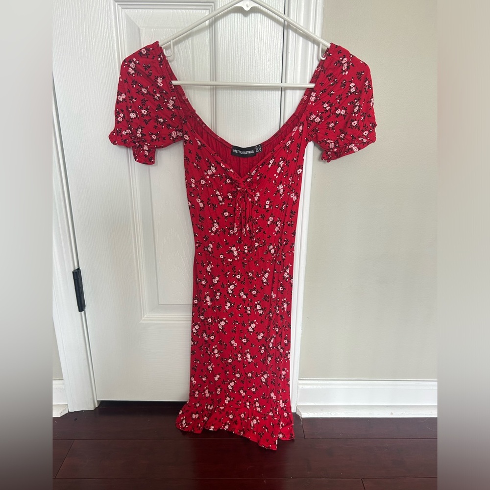 Ofc the shoulder Red Flower Mini Dress.